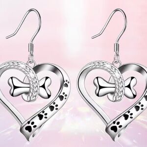 Adorable Canine with a Bone, Heart-Shaped Pendant Earrings